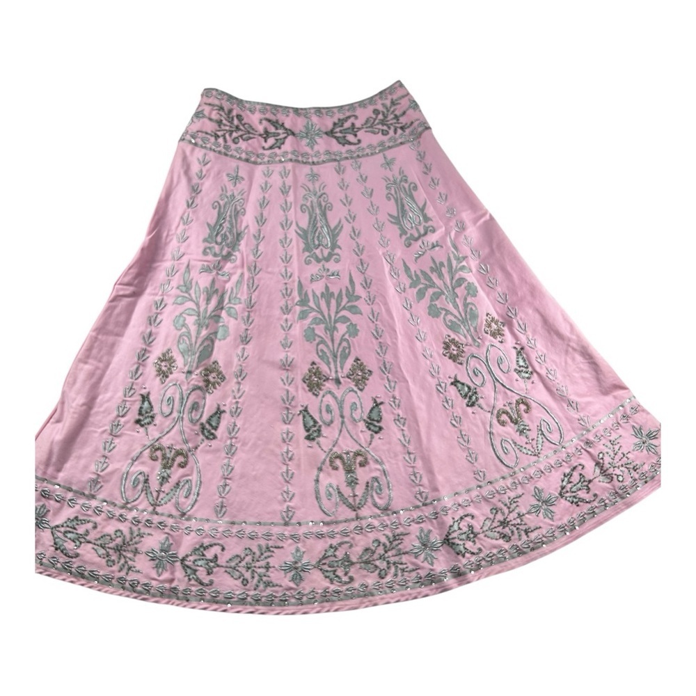 Basil & Maude Anthropologie Pink Hand Bali Boho Skirt Size 8 Elegant Embroidered - Picture 7 of 13